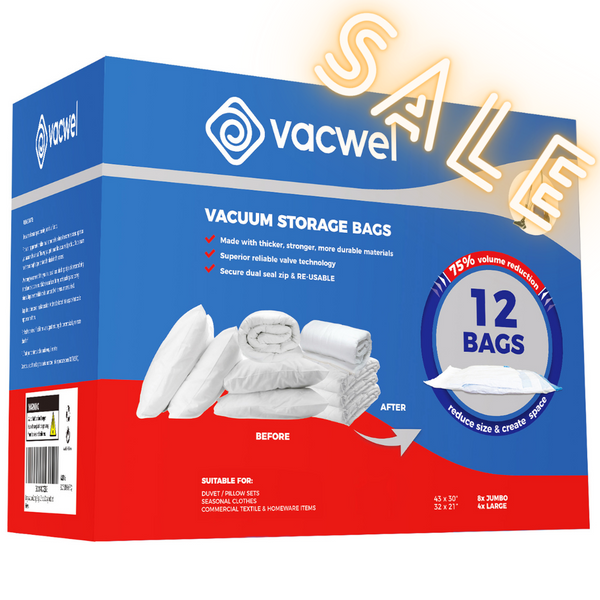 Vacwel Vacuum Storage Bags 8 Jumbo + 4 Large Size (12 Bag) Pack