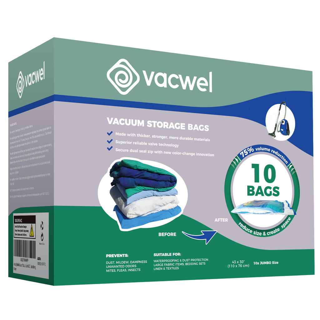 Vacwel 12-Pack Variety - Space Bags - Vacuum Storage Bags - Vacuum Sealer  Bags for Clothes – For All Your Vacuum Clothing Storage - 8x Jumbo  (43x30in)