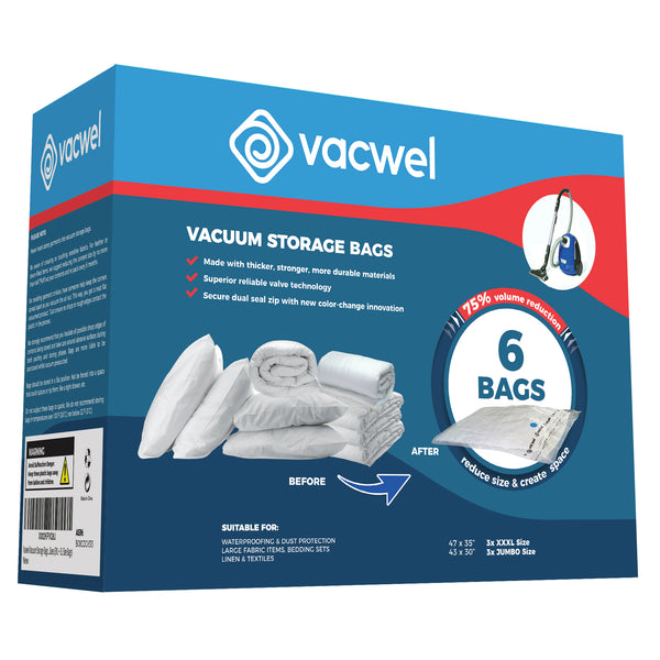 Vacwel XXL Jumbo Size Vacuum Storage Bags for Pillows, Cushions & Comforter Storage. Space Saver Bags