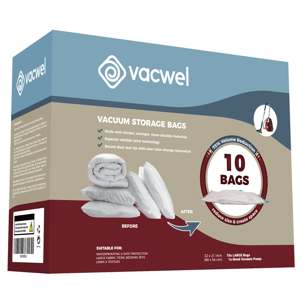 10 Large Space Saver Bags (32 x 21 inch) With BONUS Travel Pump – Vacwel