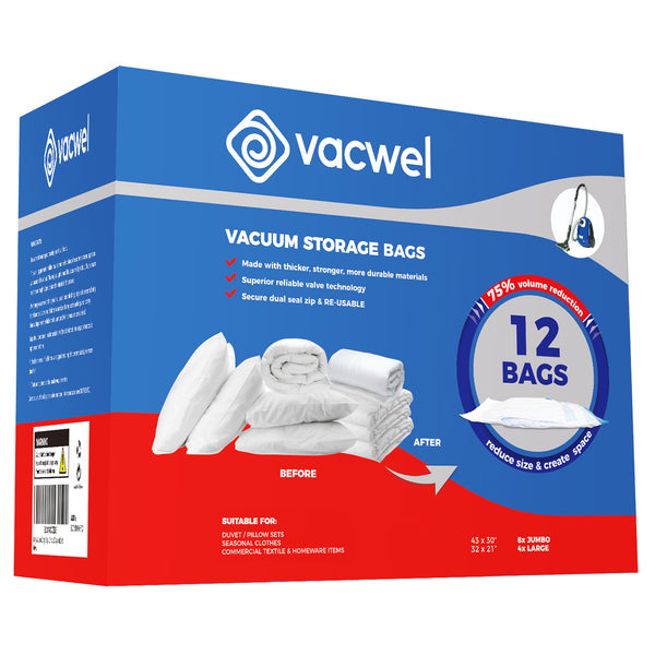 Vacwel Vacuum Storage Bags 8 Jumbo + 4 Large Size (12 Bag) Pack