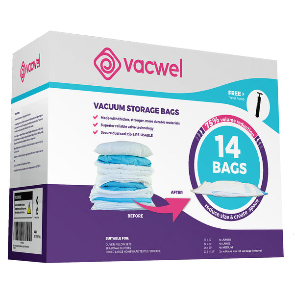 14 Vacuum Storage Bag Variety Pack With BONUS Travel Pump