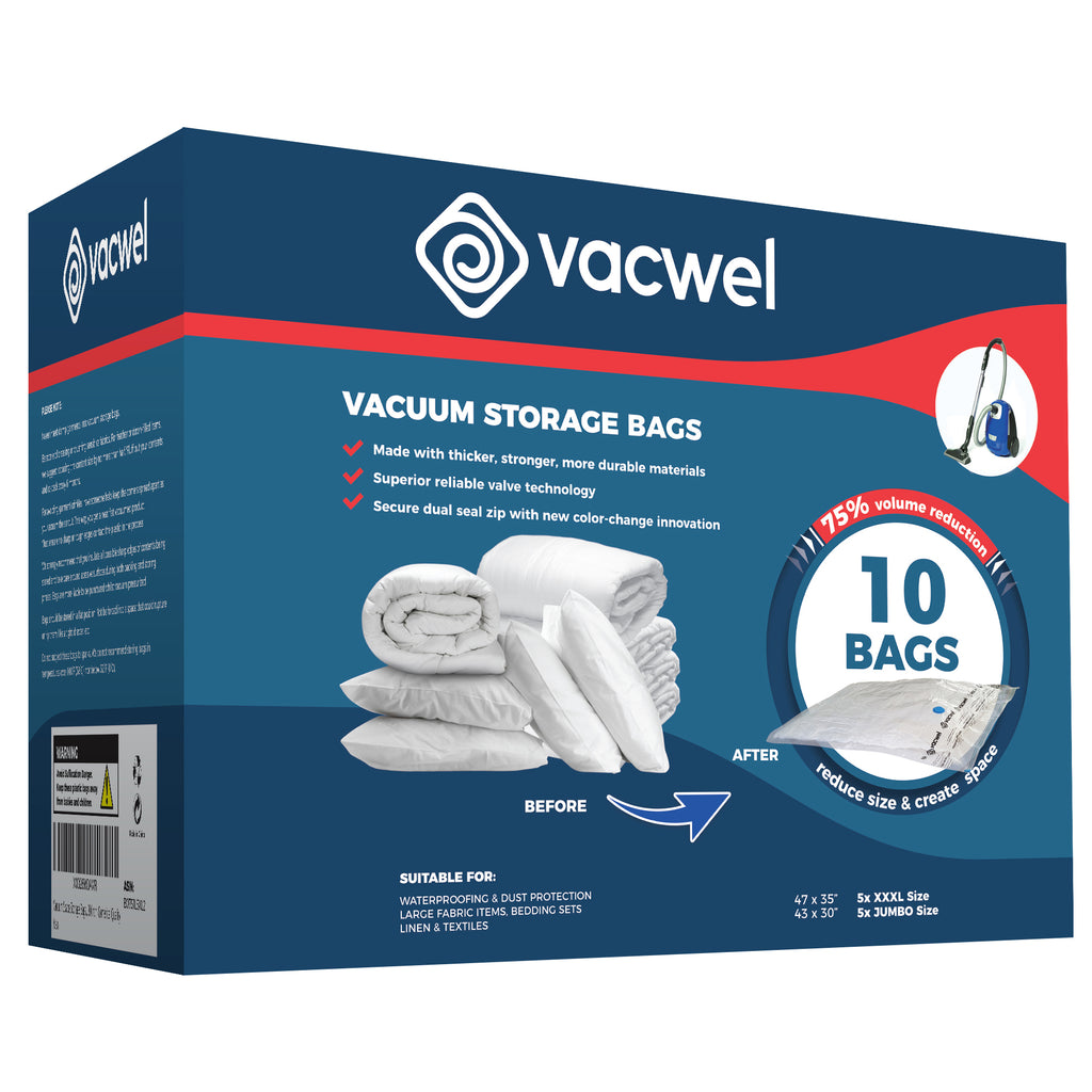 Jumbo XXL Vacuum Storage Bags, 5x bags 47 x 35 inch + 5x bags 43 x 30 inch pack