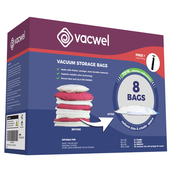 8 Vacuum Storage Bags (2x Jumbo, 2x Large, 4x Medium) with BONUS Travel Pump included