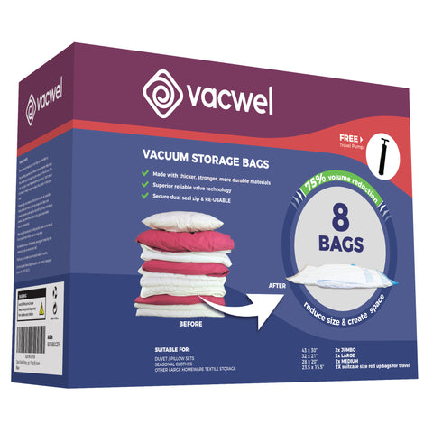 Vacwel Space Saver Bags 8 Pack with Different Sizes and FREE Travel Pump