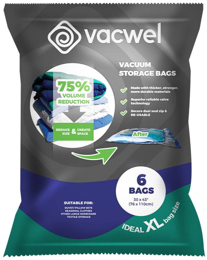6 Jumbo Vacuum Storage Bags 43 x 30 inch Vacwel