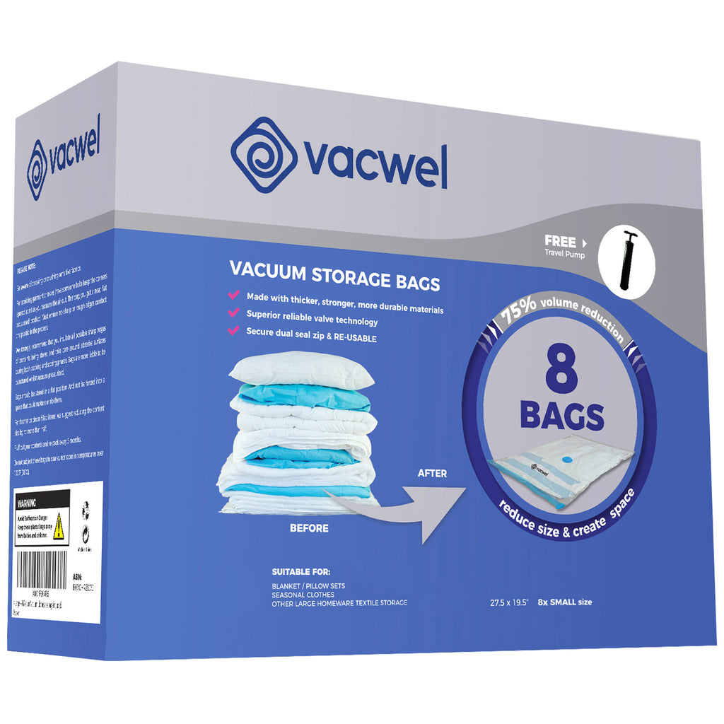 8 Medium Vacuum Storage Bags (28x20 inch) With BONUS Travel Pump